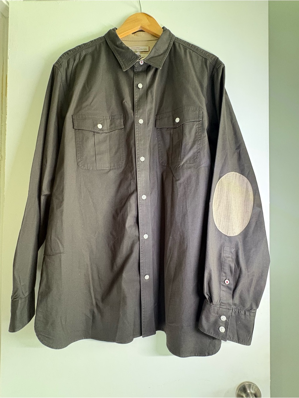 Banana Republic Men's Dark Gray Button-Down Shirt with Tan Elbow Patch